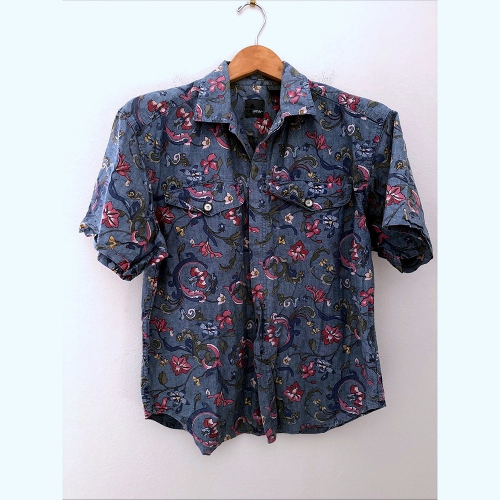 Lizwear Women Small Floral Paisley Cotton Short Sleeve Button Down Utility Shirt